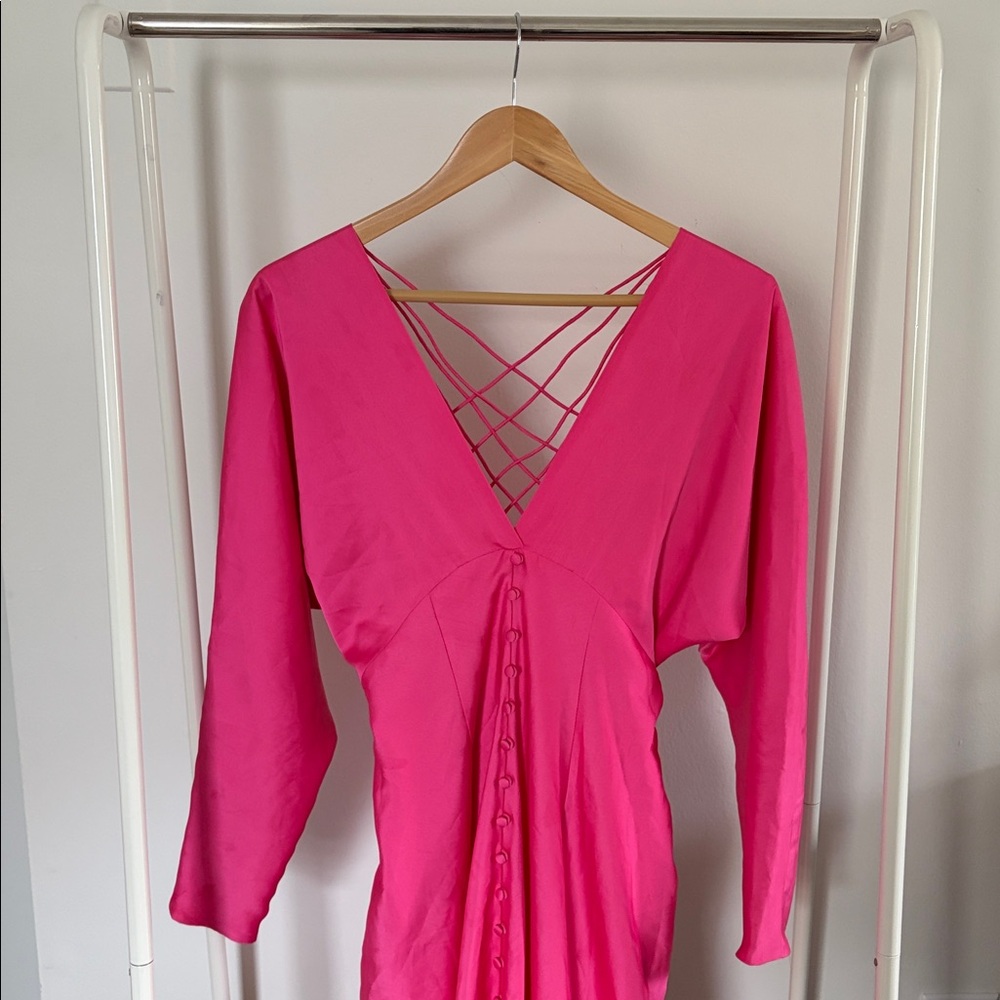Hot Pink Long Sleeve Midi Dress with Lattice Back